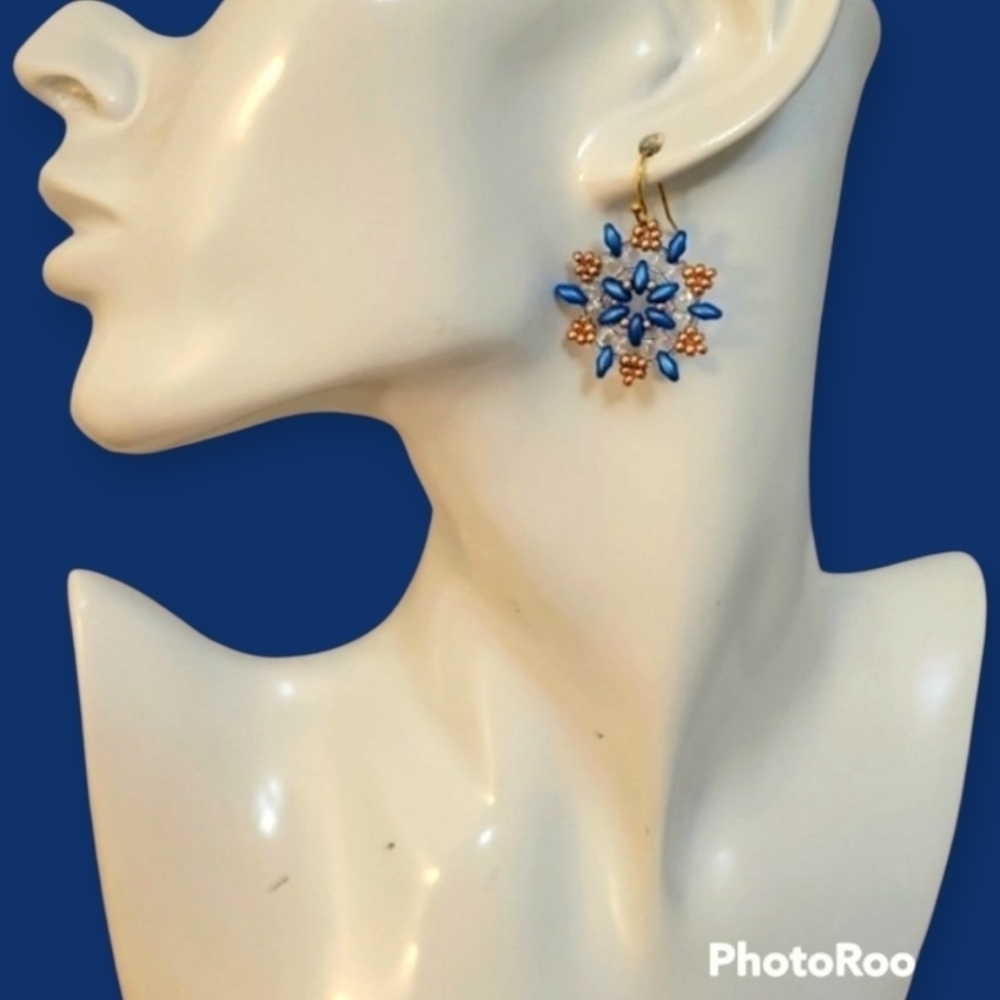 HANDMADE Czech Glass Beadwoven Christmas Holiday Snowflake Dangle Earrings